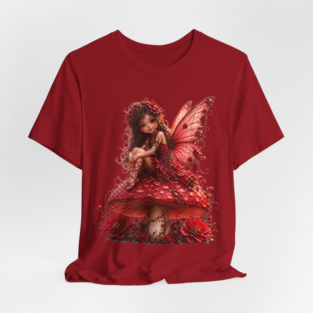 Fairy on Red Mushroom T‑Shirt — Whimsical Red Fairy Graphic Tee