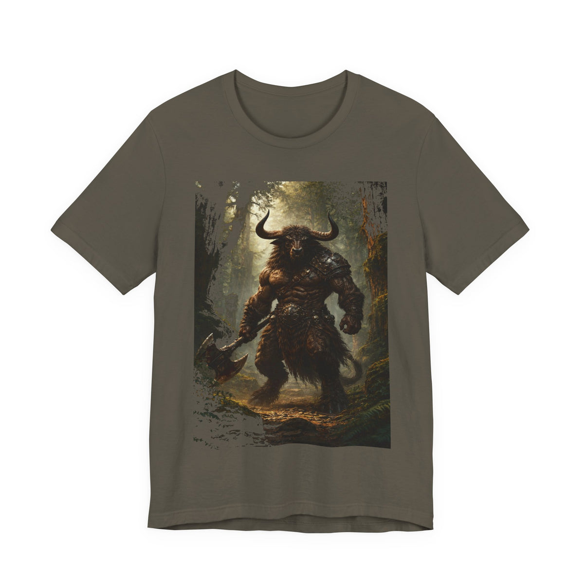 Minotaur Forest Warrior T-Shirt — Mythic Fantasy Creature Graphic Tee
