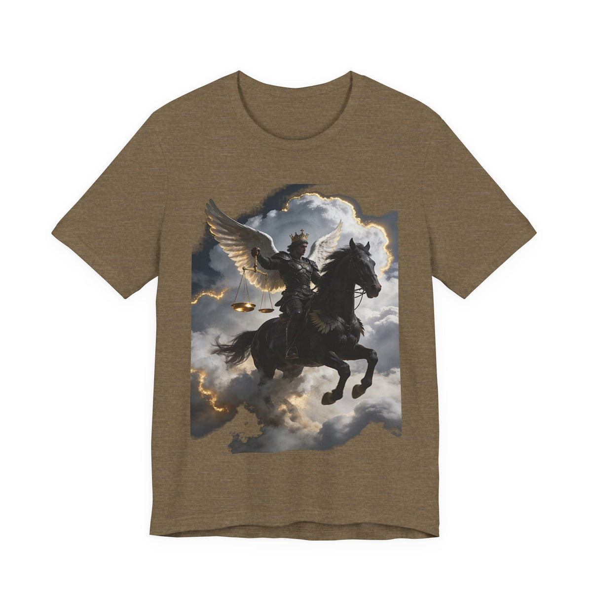 Revelation 6:5-6! And on the horse was a rider with wings as an angle dress as an warrior in black holding a golden a pair of scalesT‑Shirt — Winged Knight Graphic Tee