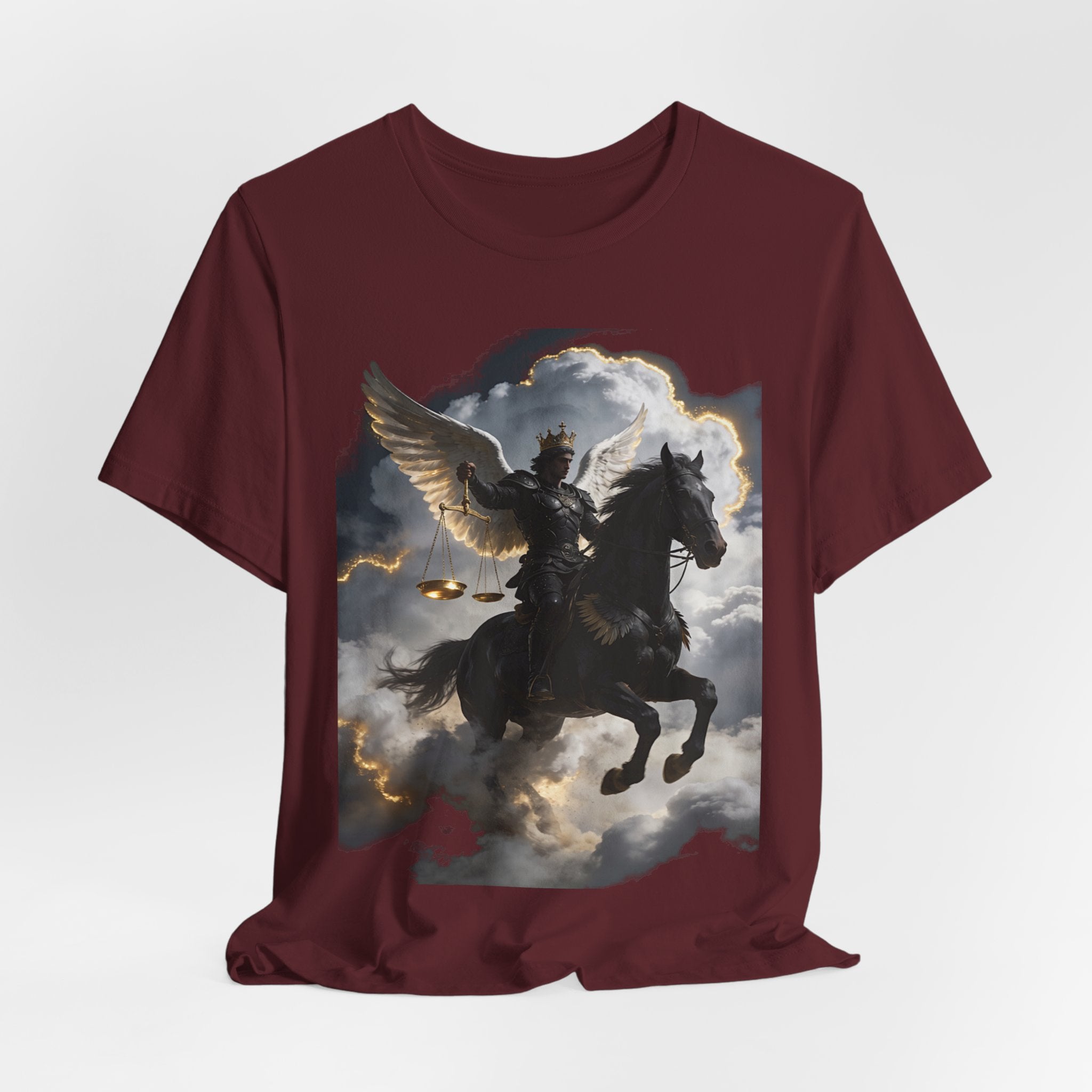 Revelation 6:5-6! And on the horse was a rider with wings as an angle dress as an warrior in black holding a golden a pair of scalesT‑Shirt — Winged Knight Graphic Tee