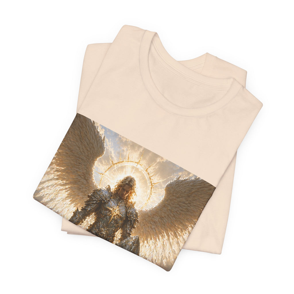 Archangel Warrior Graphic Tee — Golden Angel with Sword & Shield