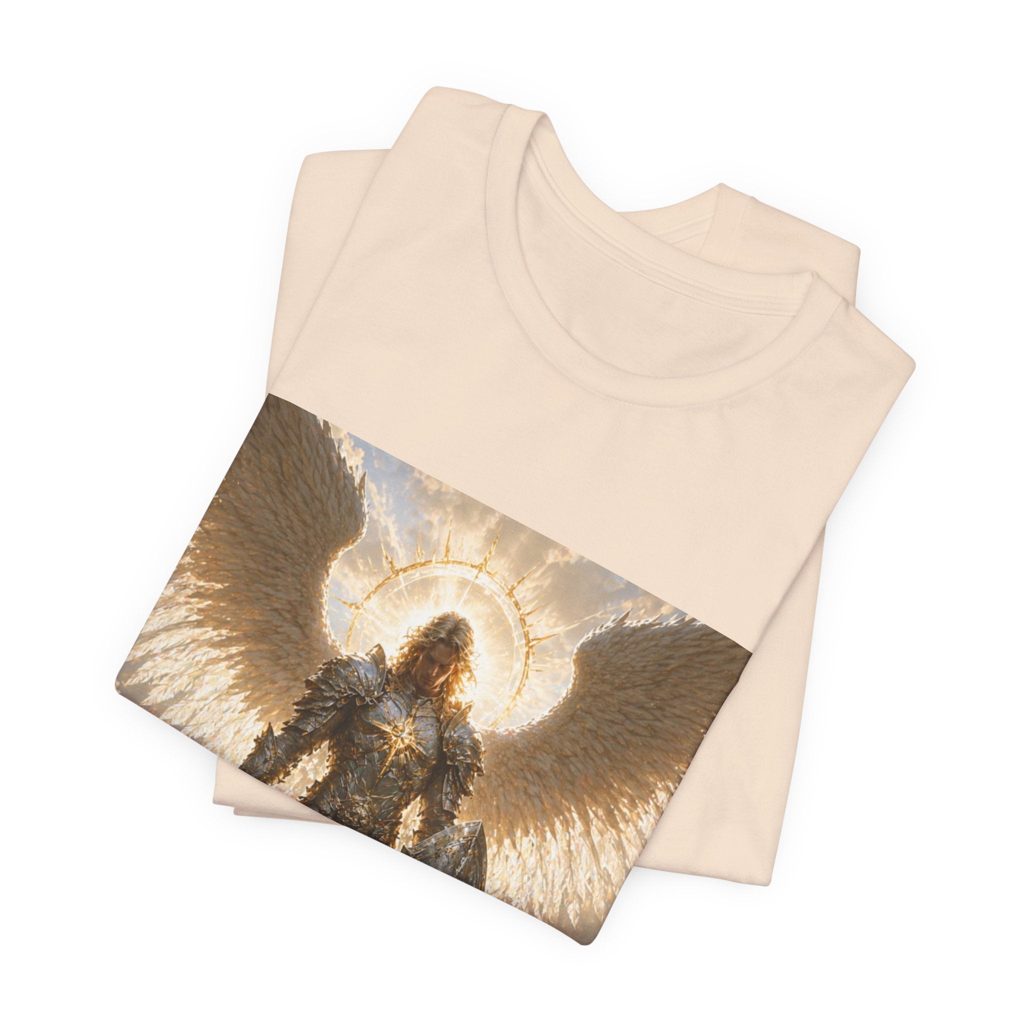 Archangel Warrior Graphic Tee — Golden Angel with Sword & Shield