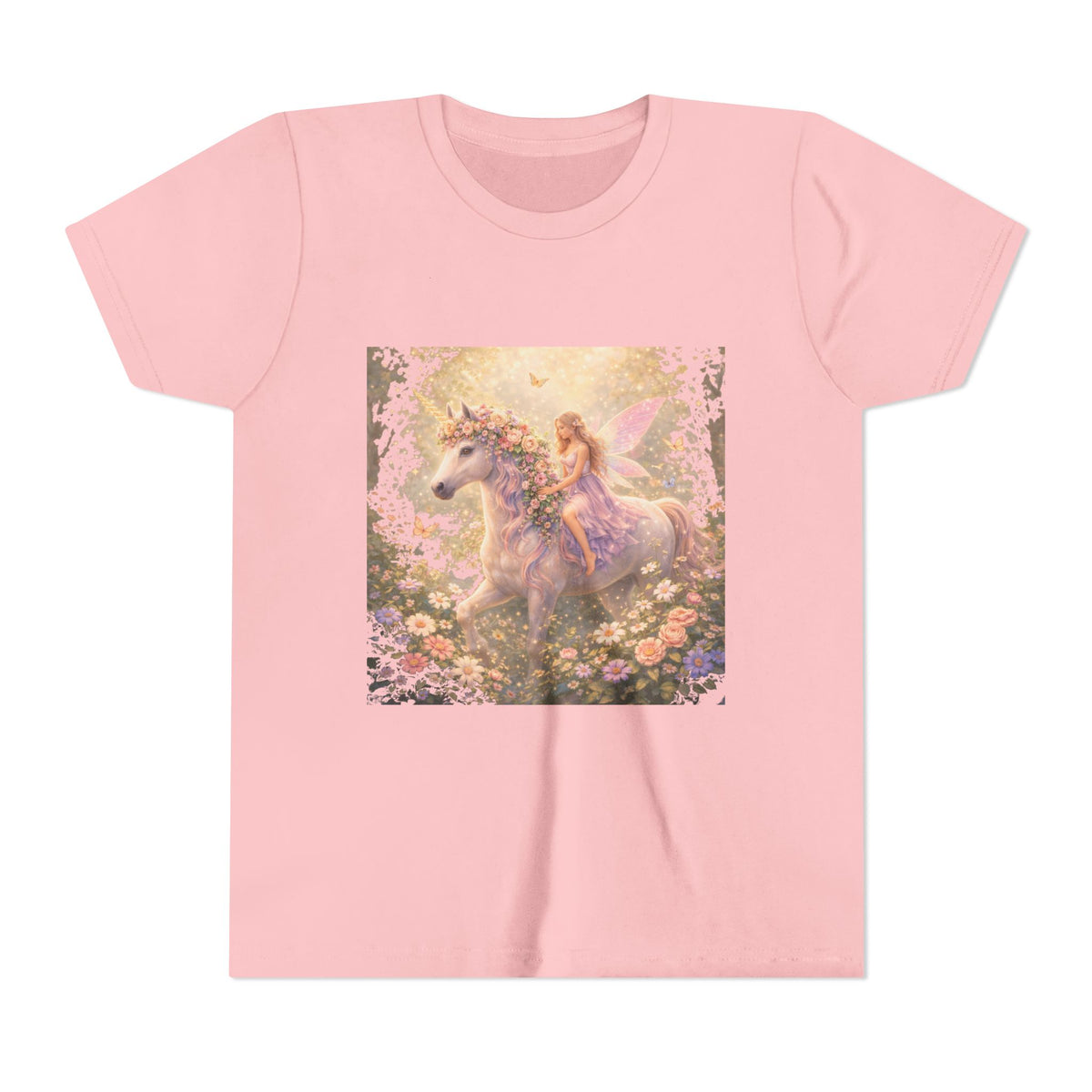 Youth Tee — Magical Fairy Riding Unicorn in Floral Garden Kids Shirt