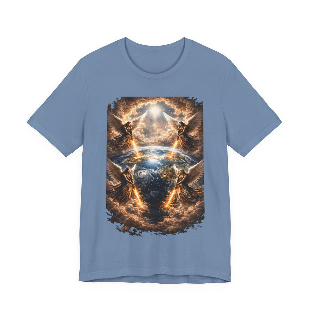 Revelation 7:1 Four angels standing on the four corners of the earth as seen from heaven-when the secound comingis near T‑Shirt — Heavenly Earth & Angels Graphic Tee