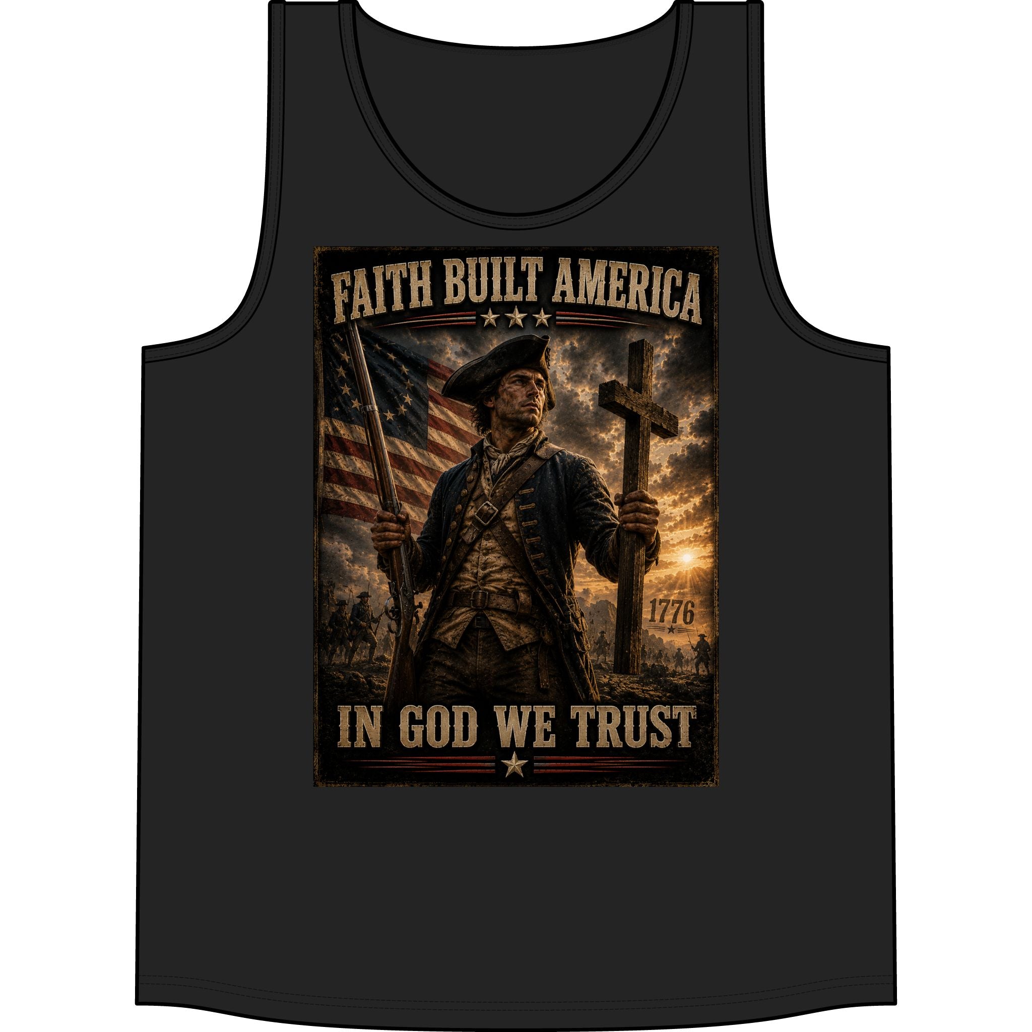 Faith Built America Tank Top — "In God We Trust" Patriotic Revolutionary War Muscle Shirt