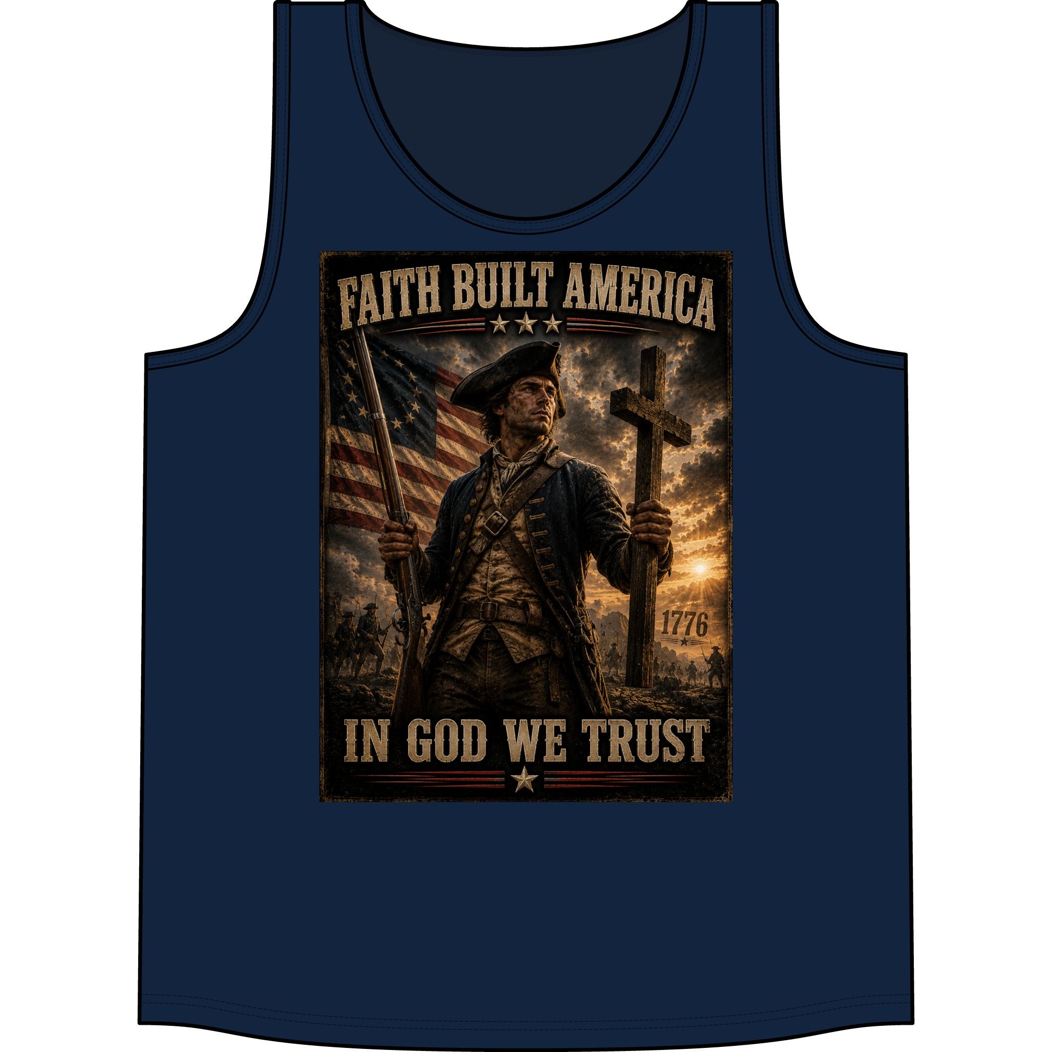 Faith Built America Tank Top — "In God We Trust" Patriotic Revolutionary War Muscle Shirt