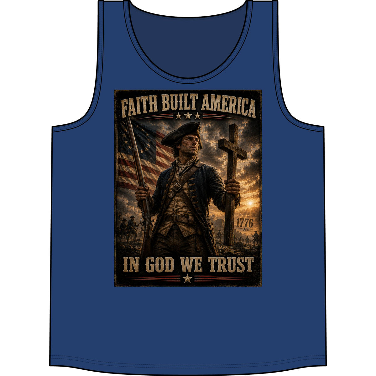 Faith Built America Tank Top — "In God We Trust" Patriotic Revolutionary War Muscle Shirt