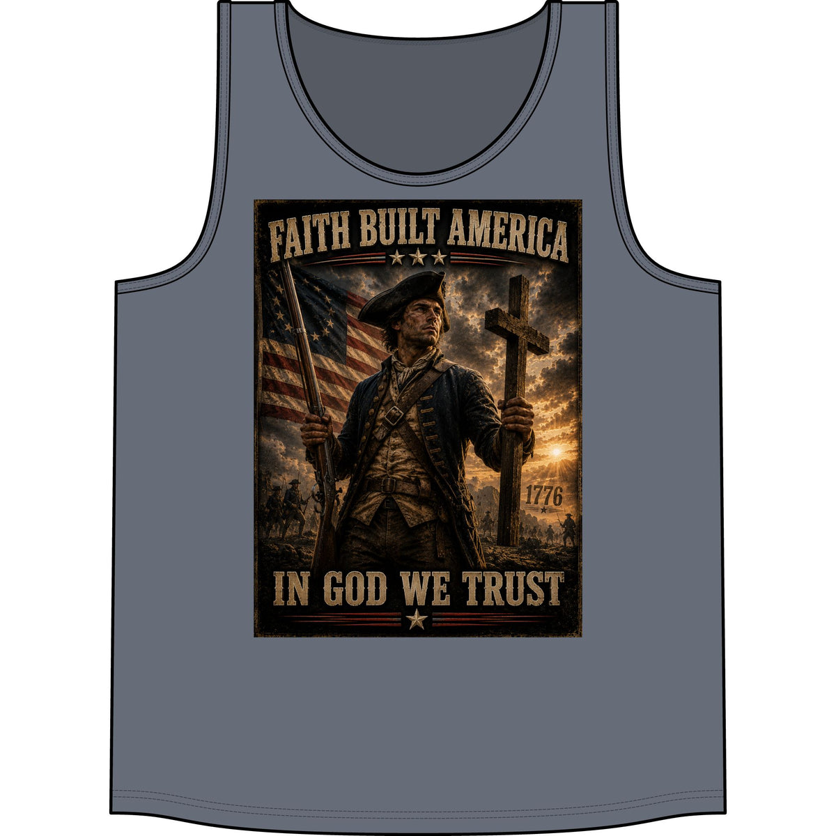 Faith Built America Tank Top — "In God We Trust" Patriotic Revolutionary War Muscle Shirt