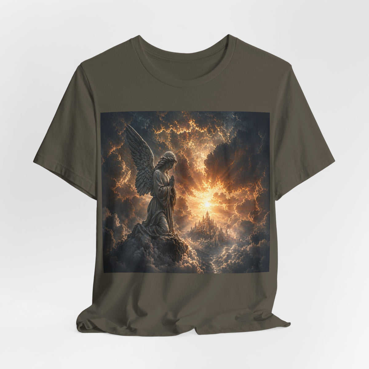 Angel in Storm Graphic Tee — Dramatic Celestial Art T-Shirt
