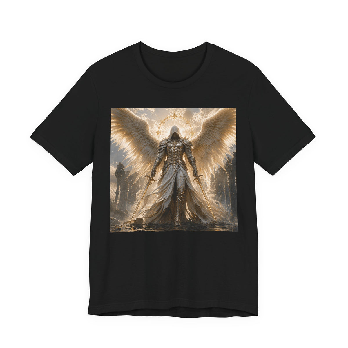 Angel Warrior Graphic Tee — Gold Guardian Wings T-Shirt