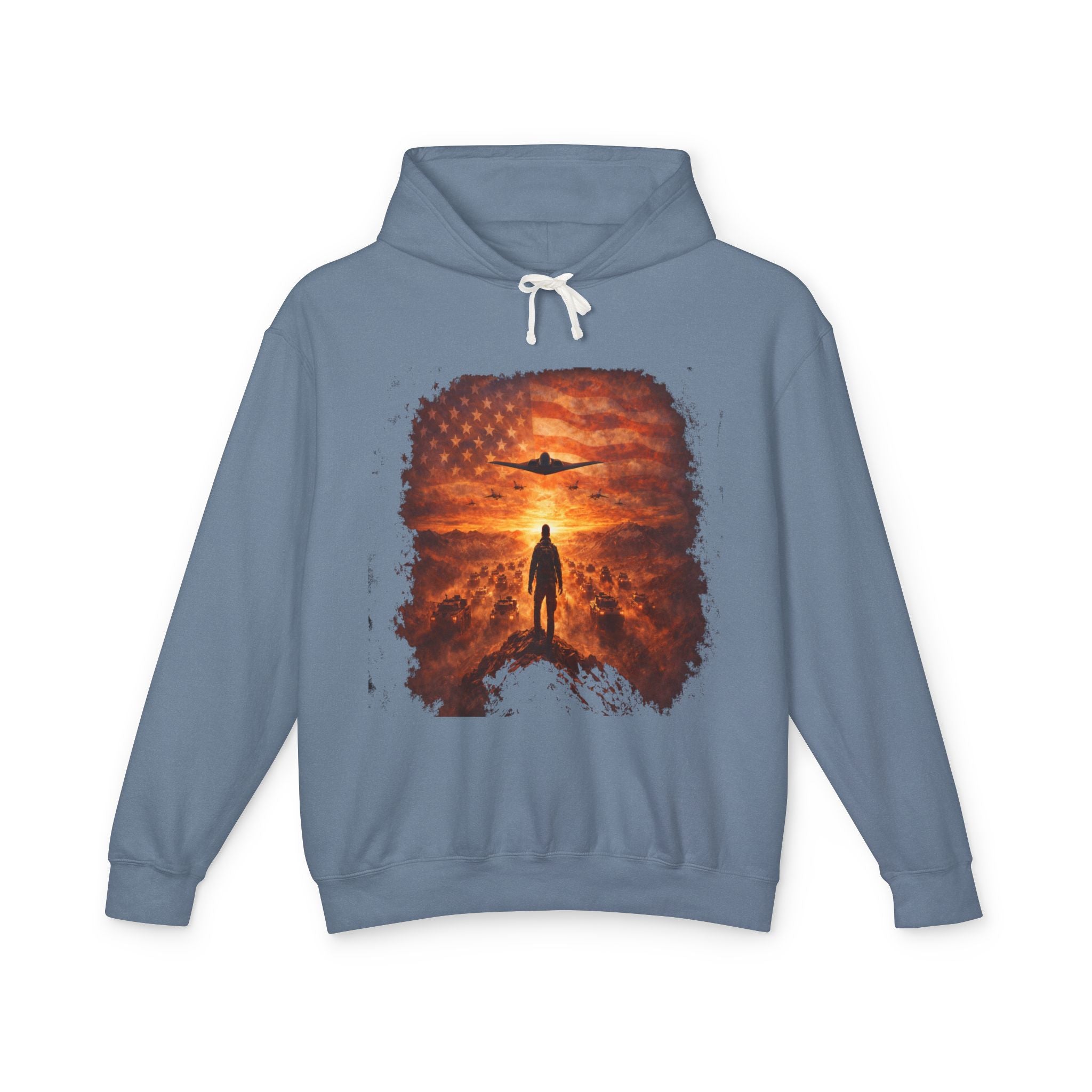 B2 Sprite---Sunset Flag Hoodie — Alien Silhouette American Flag Graphic
