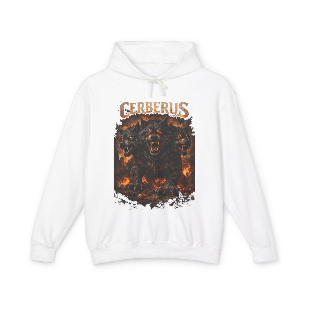 Cerberus Flames Hoodie — Mythical Three-Headed Dog Graphic Sweatshirt