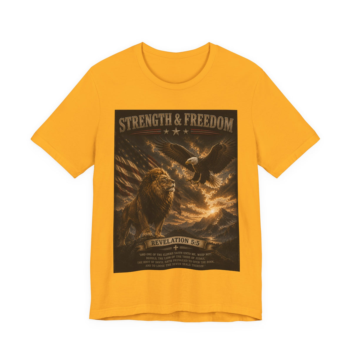 Strength & Freedom Christian Lion Tee – Revelation 5:5 Inspirational Graphic T-Shirt