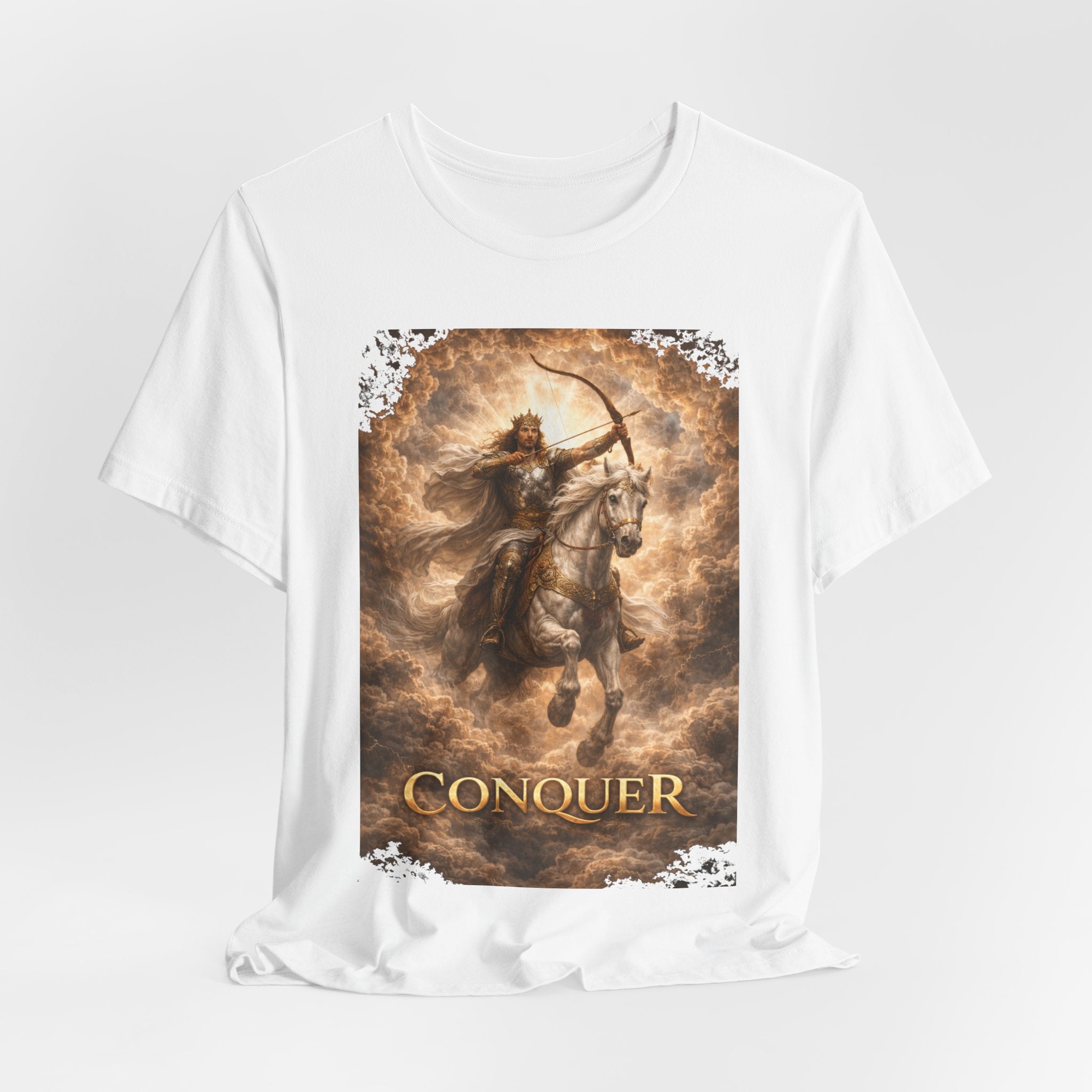The white horse from Revelation 6:1-2! T‑Shirt — "Conquer" Warrior Archer Graphic Tee