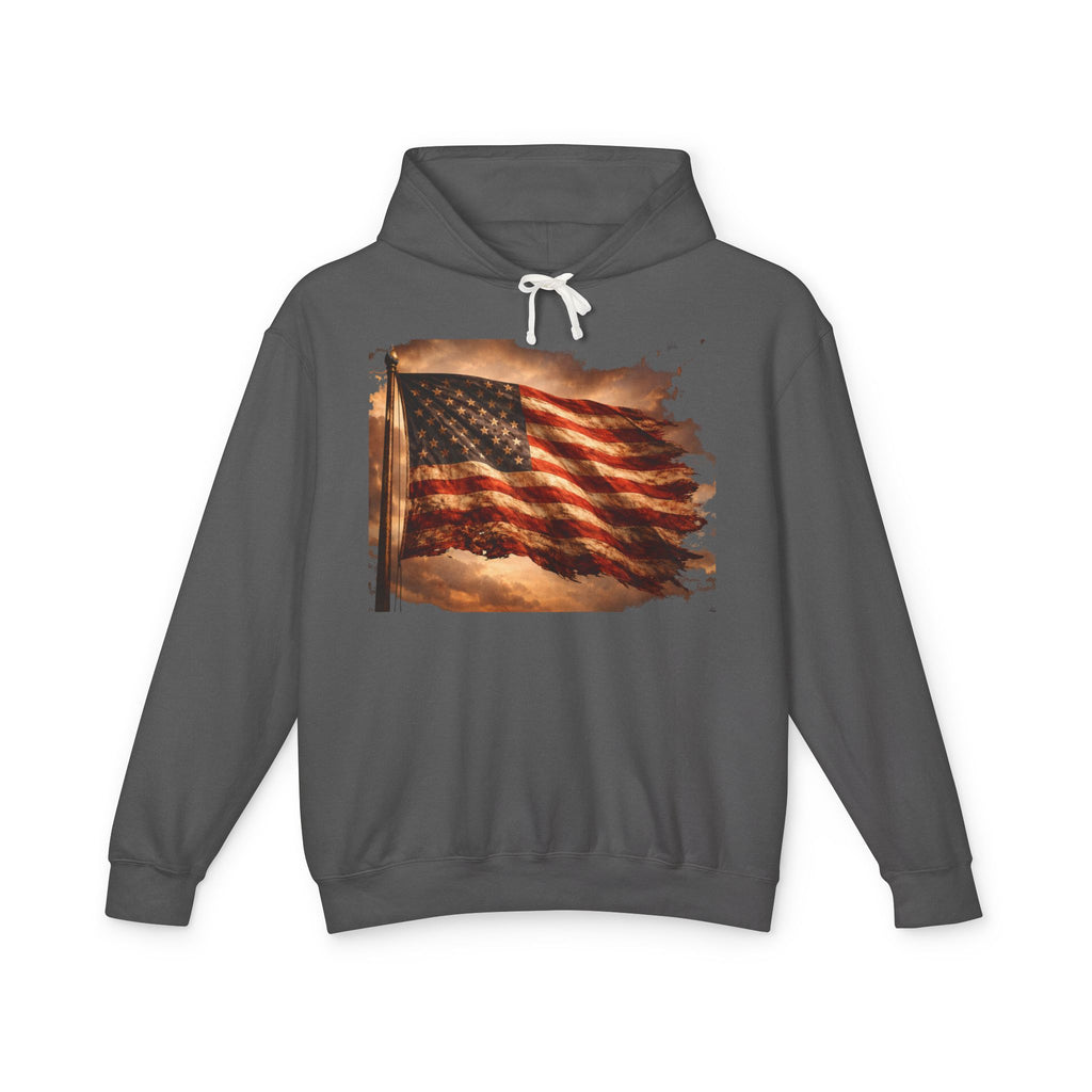Distressed American Flag Hoodie — Vintage Patriot Lightweight Sweatshirt