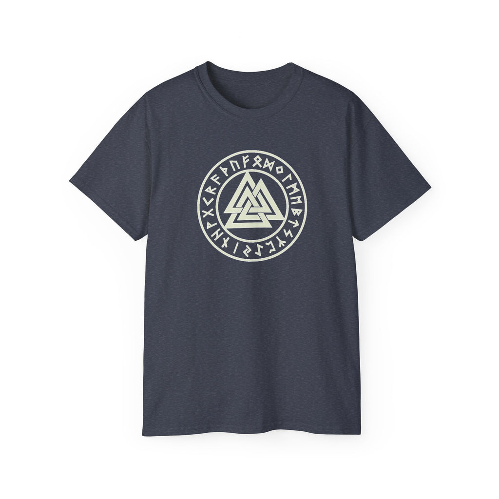 Valknut Rune Circle Tee — Norse Mythology Viking Symbol Cotton T-Shirt