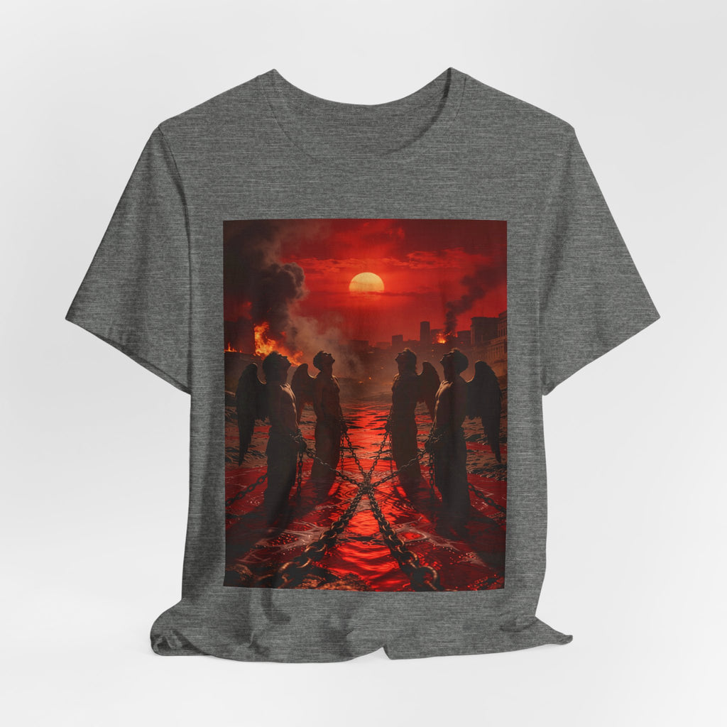 T-Shirt — Revelation 9 reveals four fallen angels bound in the Euphrates River, awaiting God’s appointed time to bring judgment.