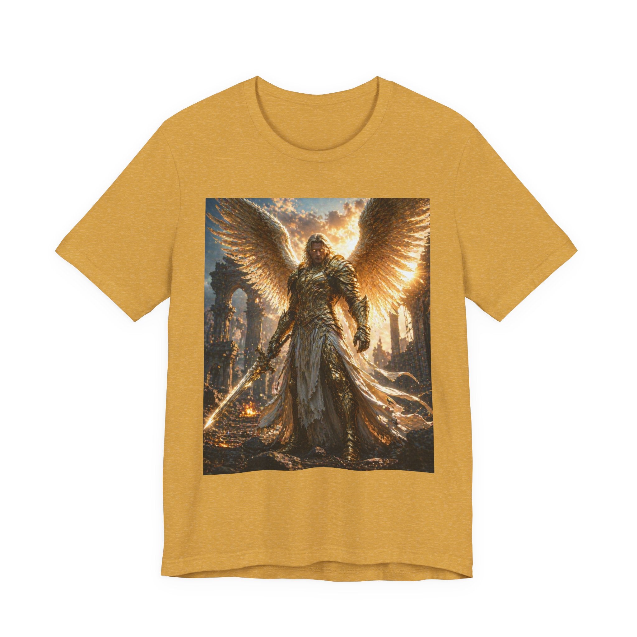 Angel Warrior Graphic Tee — Golden Archangel Battle Scene T-Shirt