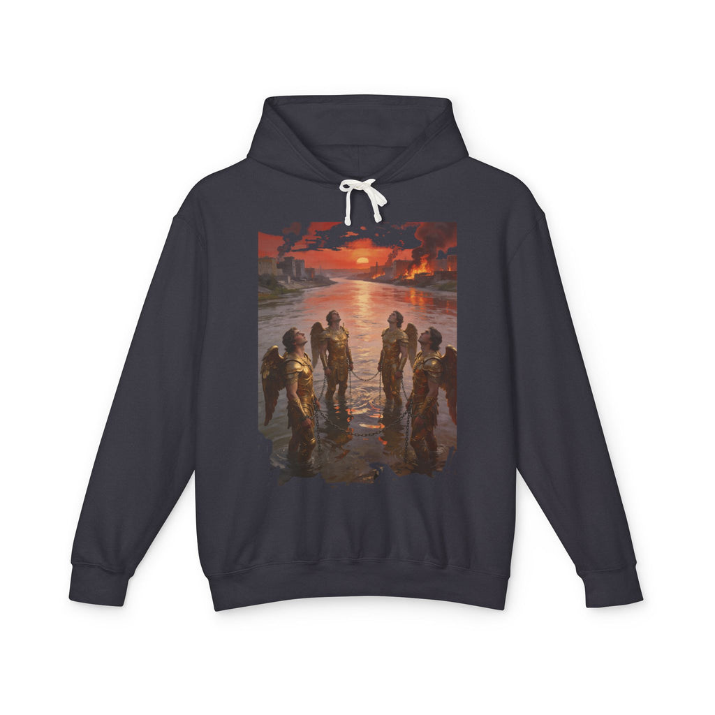 Revelation 9 reveals four fallen angels bound in the Euphrates River  Crew Hooded Sweatshirt