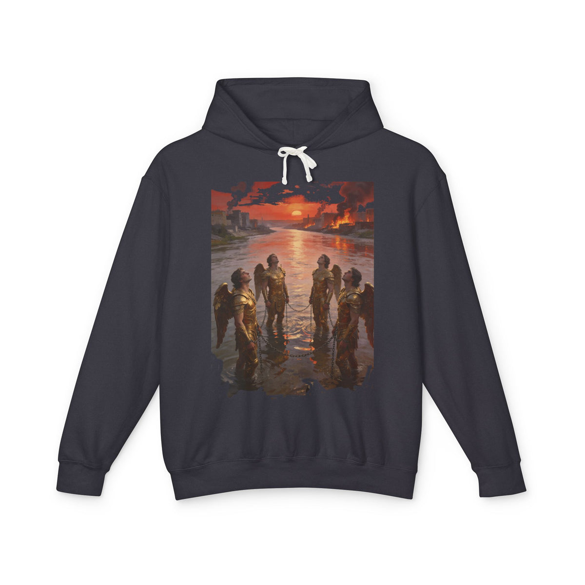Revelation 9 reveals four fallen angels bound in the Euphrates River  Crew Hooded Sweatshirt