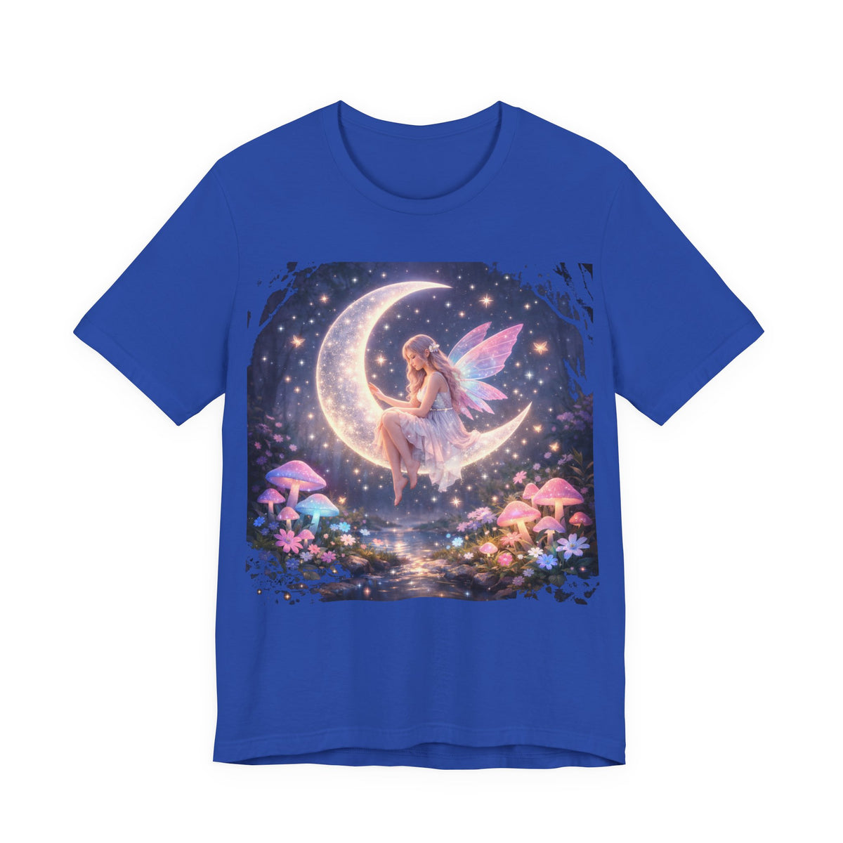 Fairy on the Moon T‑Shirt — Dreamy Fantasy Night Tee with Fairy and Mushrooms