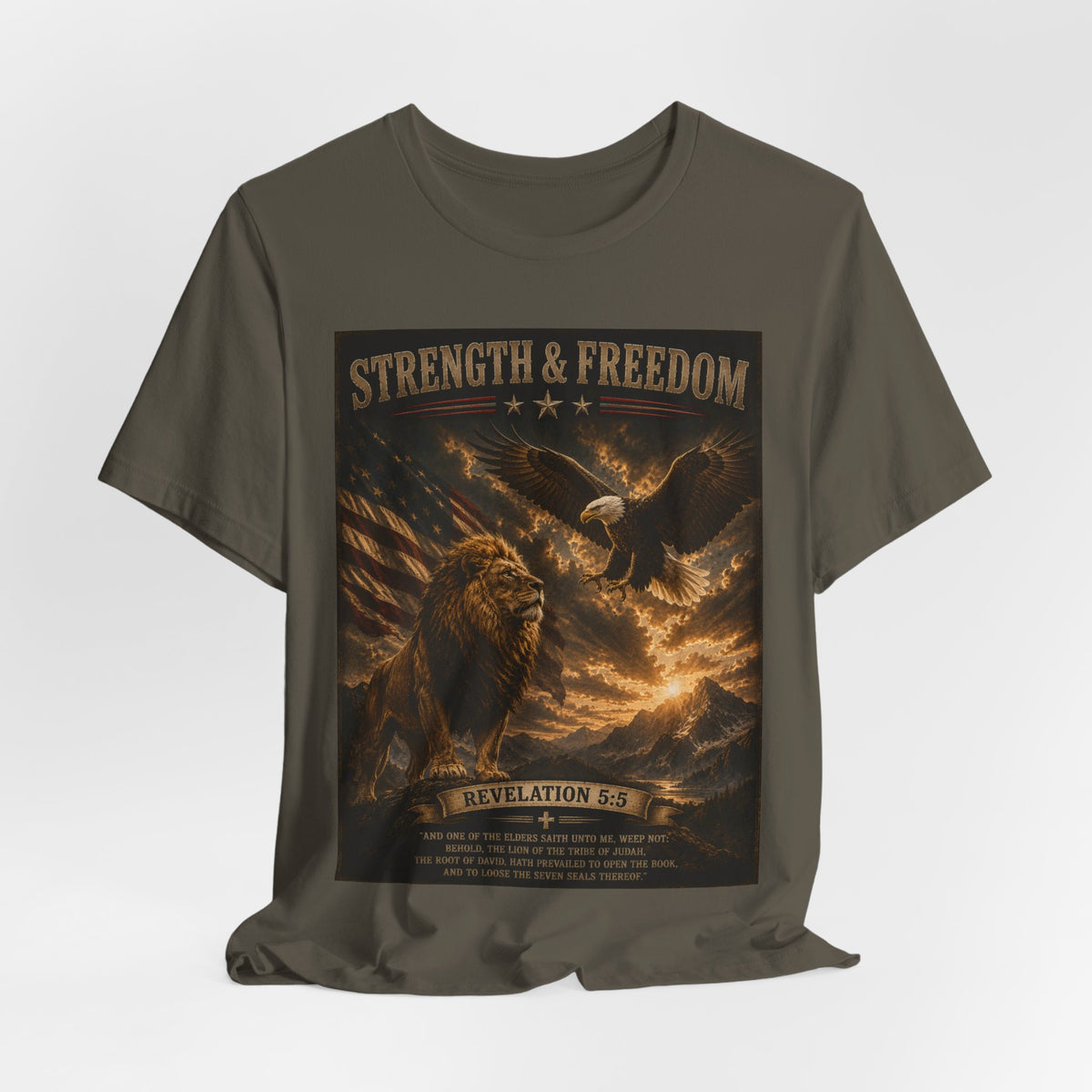 Strength & Freedom Christian Lion Tee – Revelation 5:5 Inspirational Graphic T-Shirt