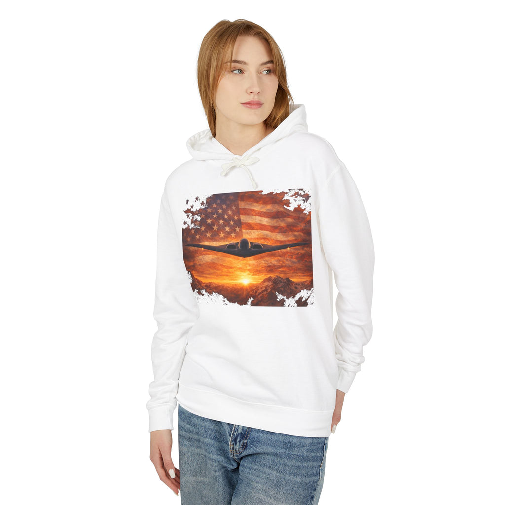 B-2 Stealth Bomber Flag Hoodie — American Aviation Sunset Pullover