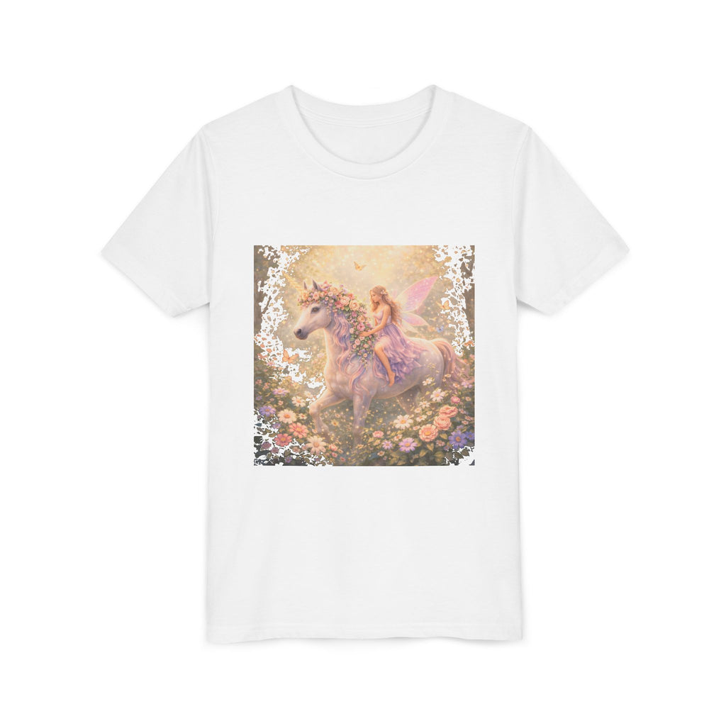 Youth Tee — Magical Fairy Riding Unicorn in Floral Garden Kids Shirt