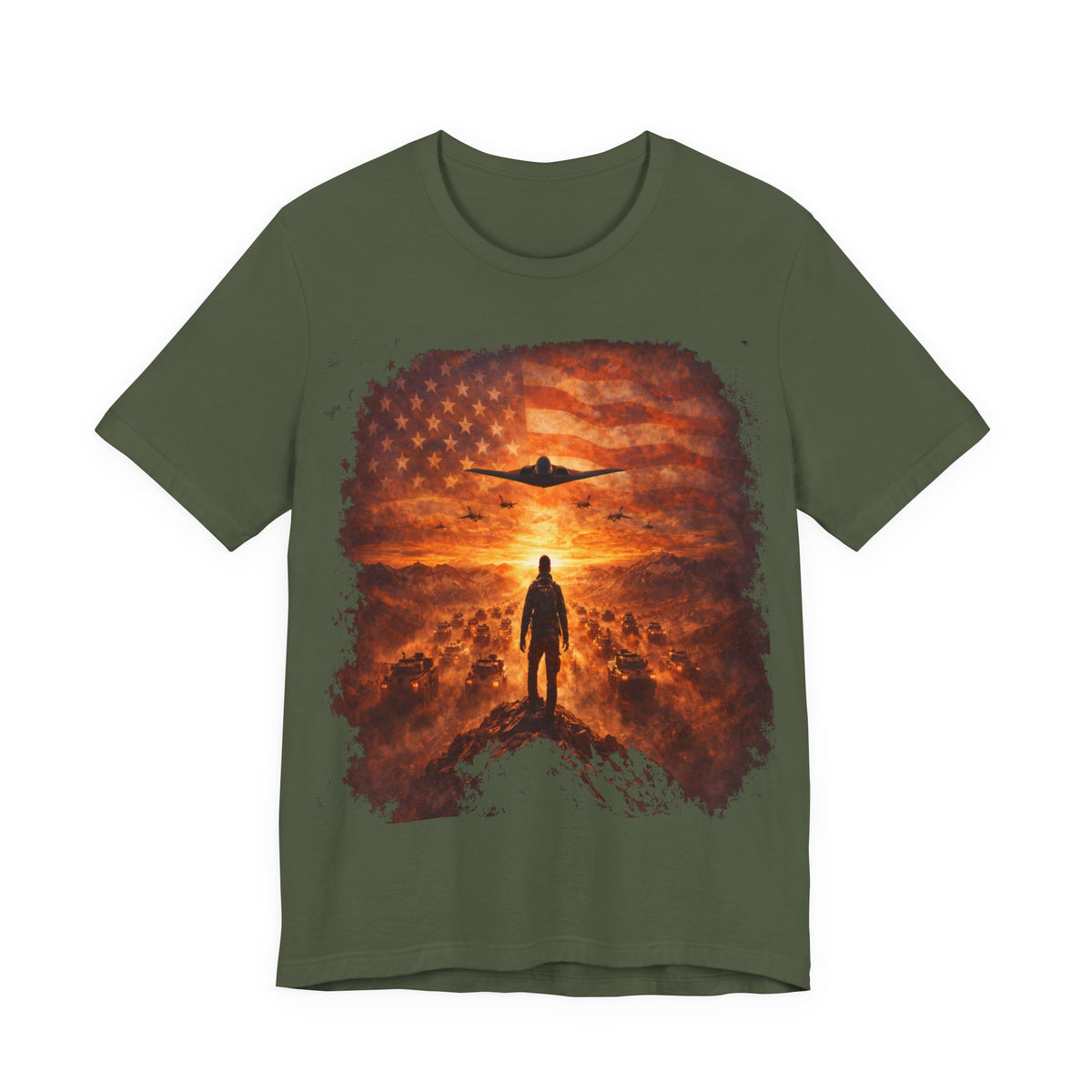 USA-Military Aviation T-Shirt — Bomber Silhouette with American Flag Sunset