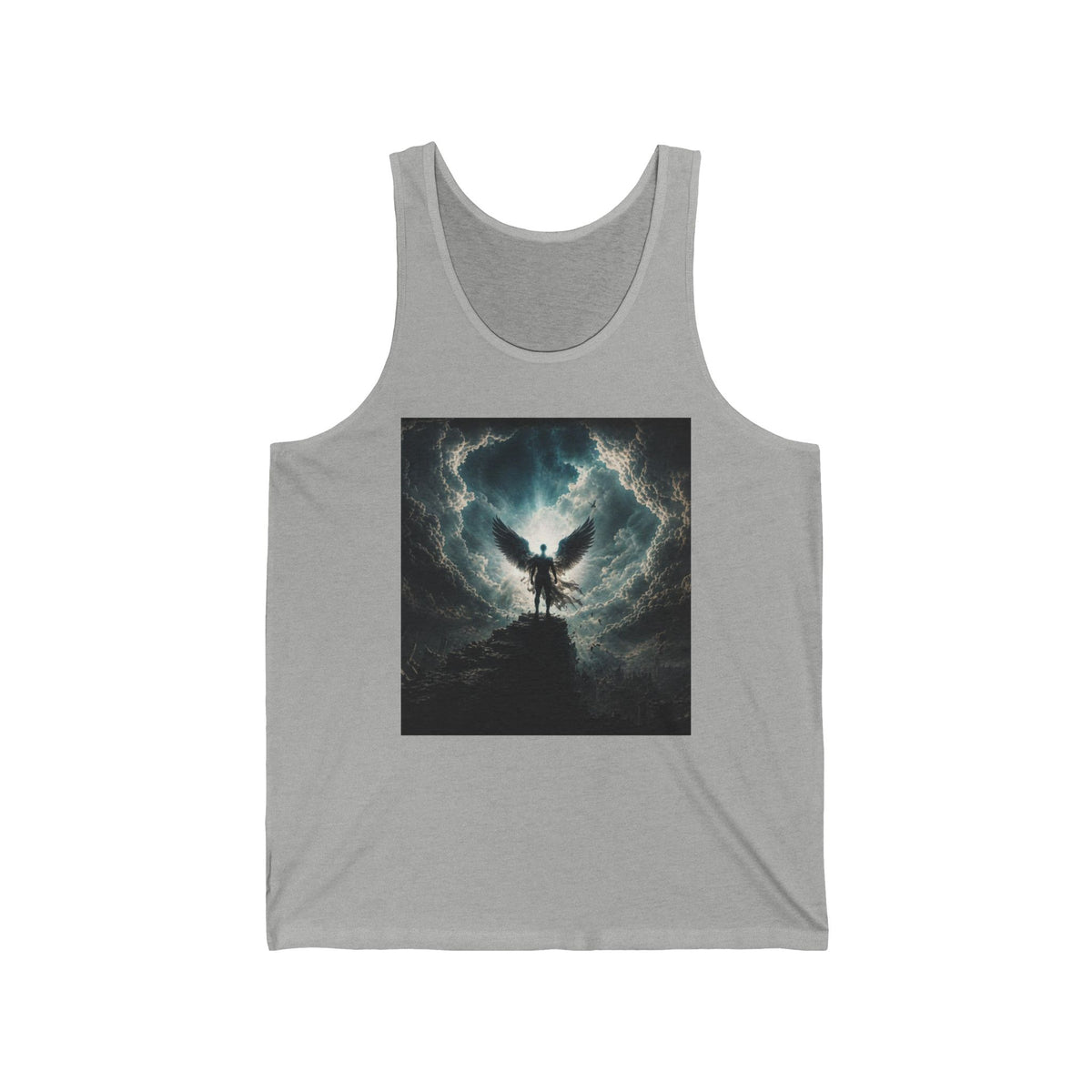 Angel Silhouette Tank Top — Dark Stormy Sky Winged Figure Graphic Tank