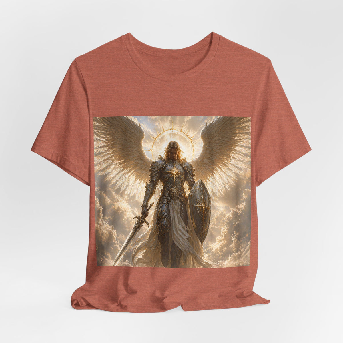 Archangel Warrior Graphic Tee — Golden Angel with Sword & Shield