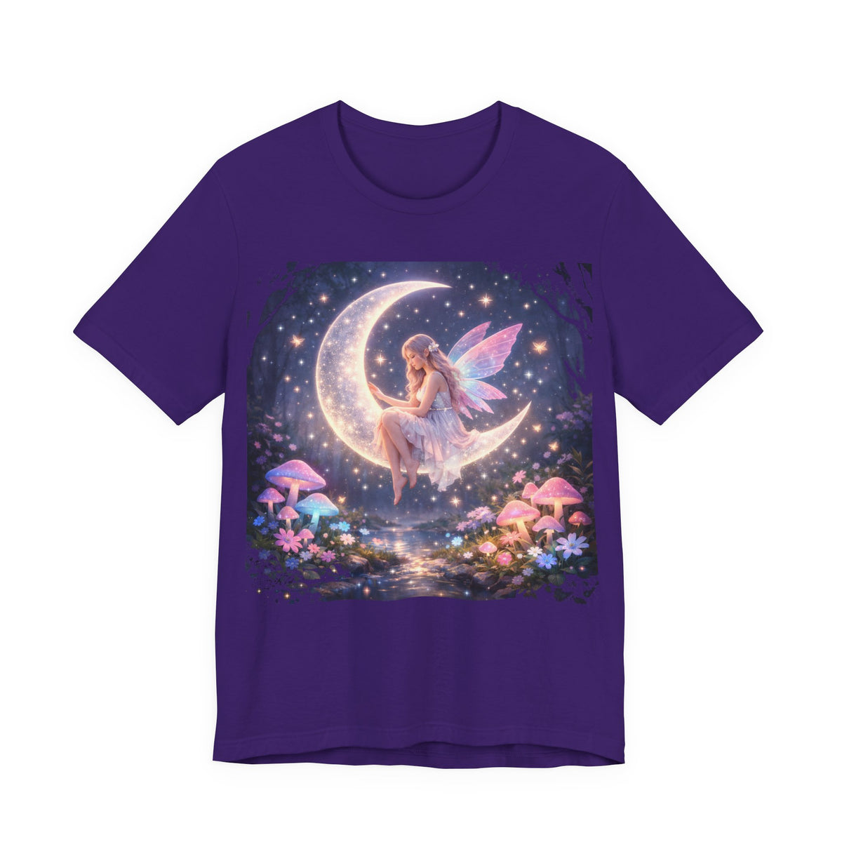 Fairy on the Moon T‑Shirt — Dreamy Fantasy Night Tee with Fairy and Mushrooms