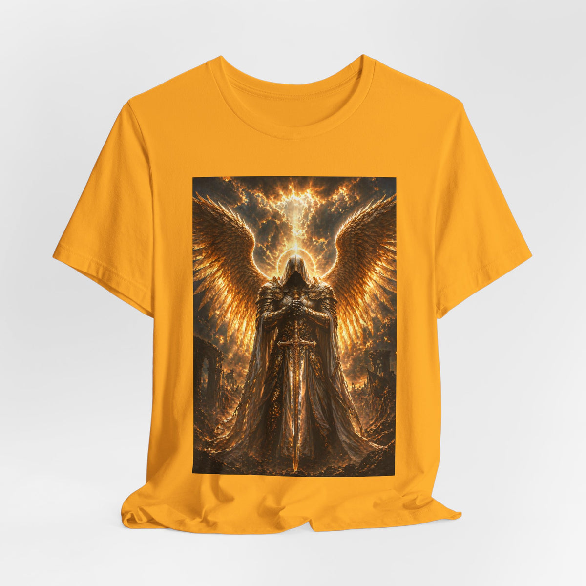 Gods Angel Warrior Graphic Tee — Golden Guardian Winged Angel T-Shirt
