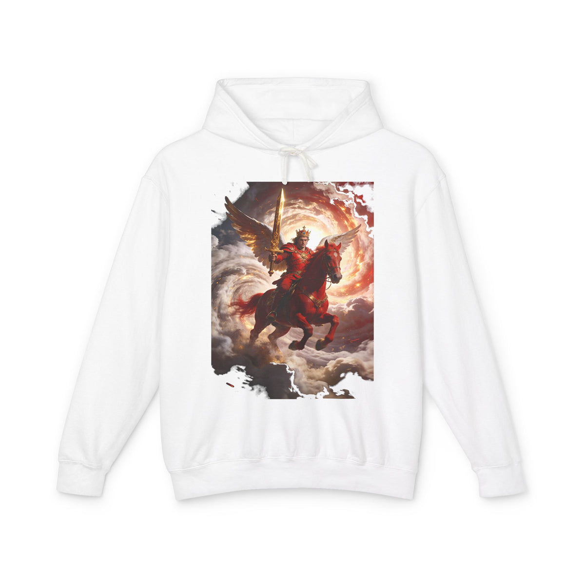 The red horse from Revelation 6:3-4-Angel Knight Hoodie — Celestial Warrior Horse Graphic Sweatshirt