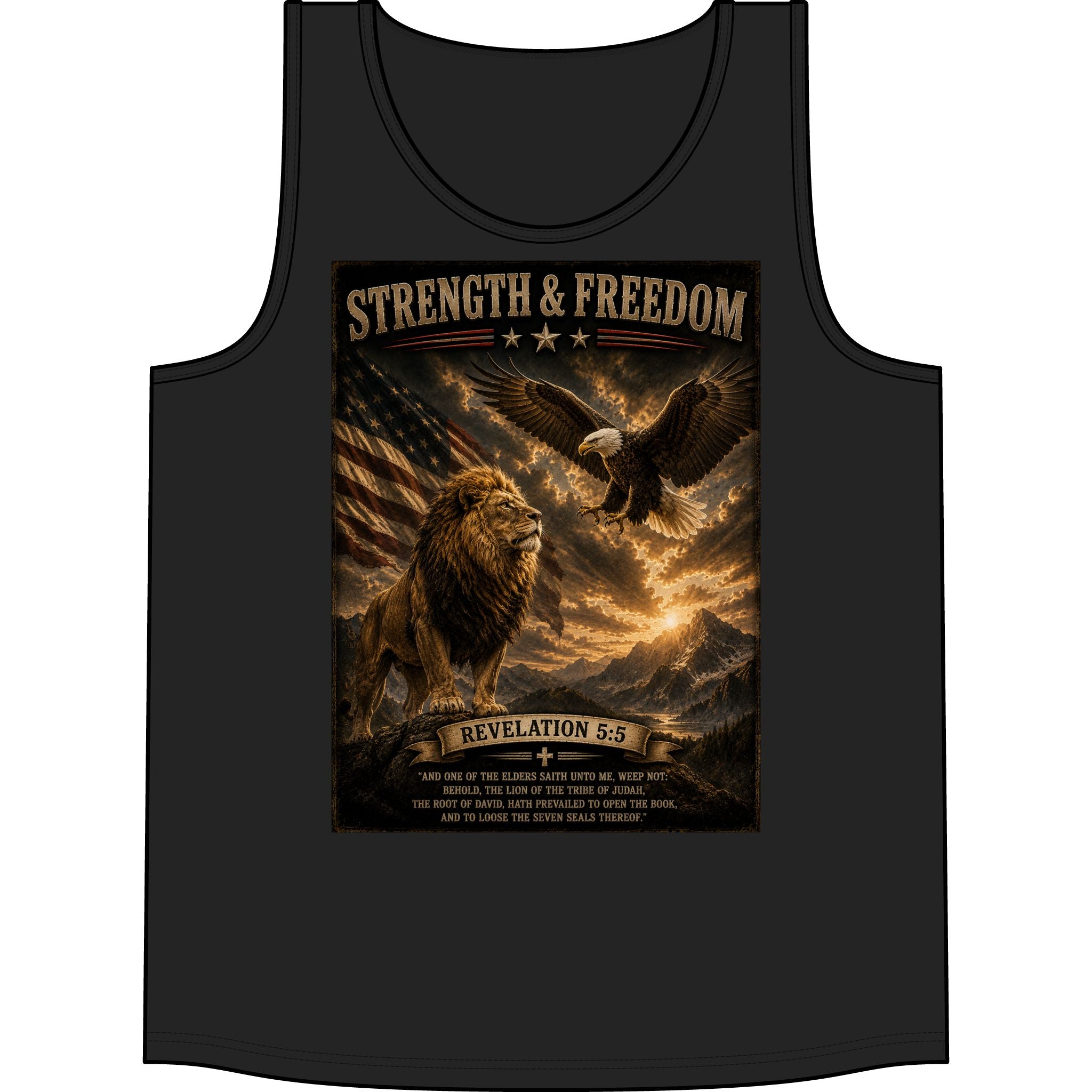 Strength & Freedom Tank Top — Lion, Eagle & Revelation 5:5 Patriotic Faith Tank