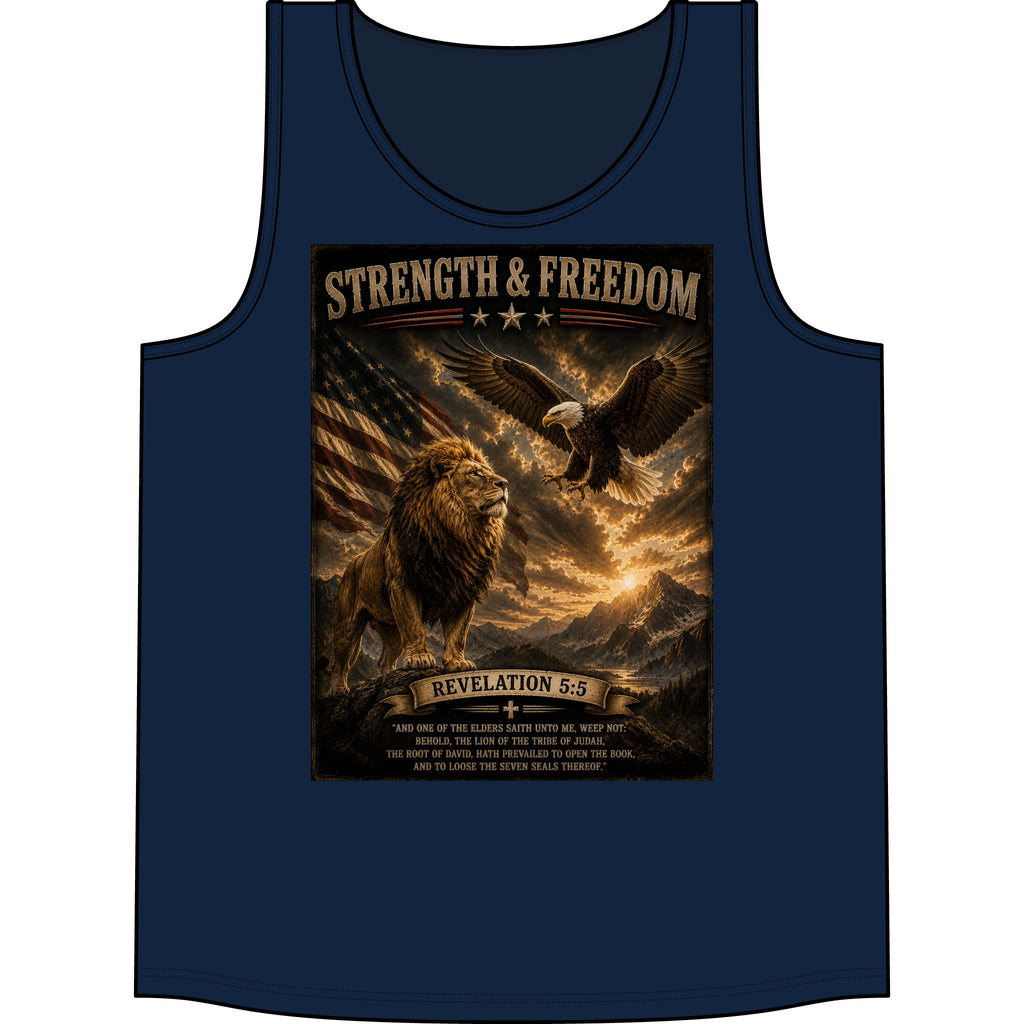 Strength & Freedom Tank Top — Lion, Eagle & Revelation 5:5 Patriotic Faith Tank