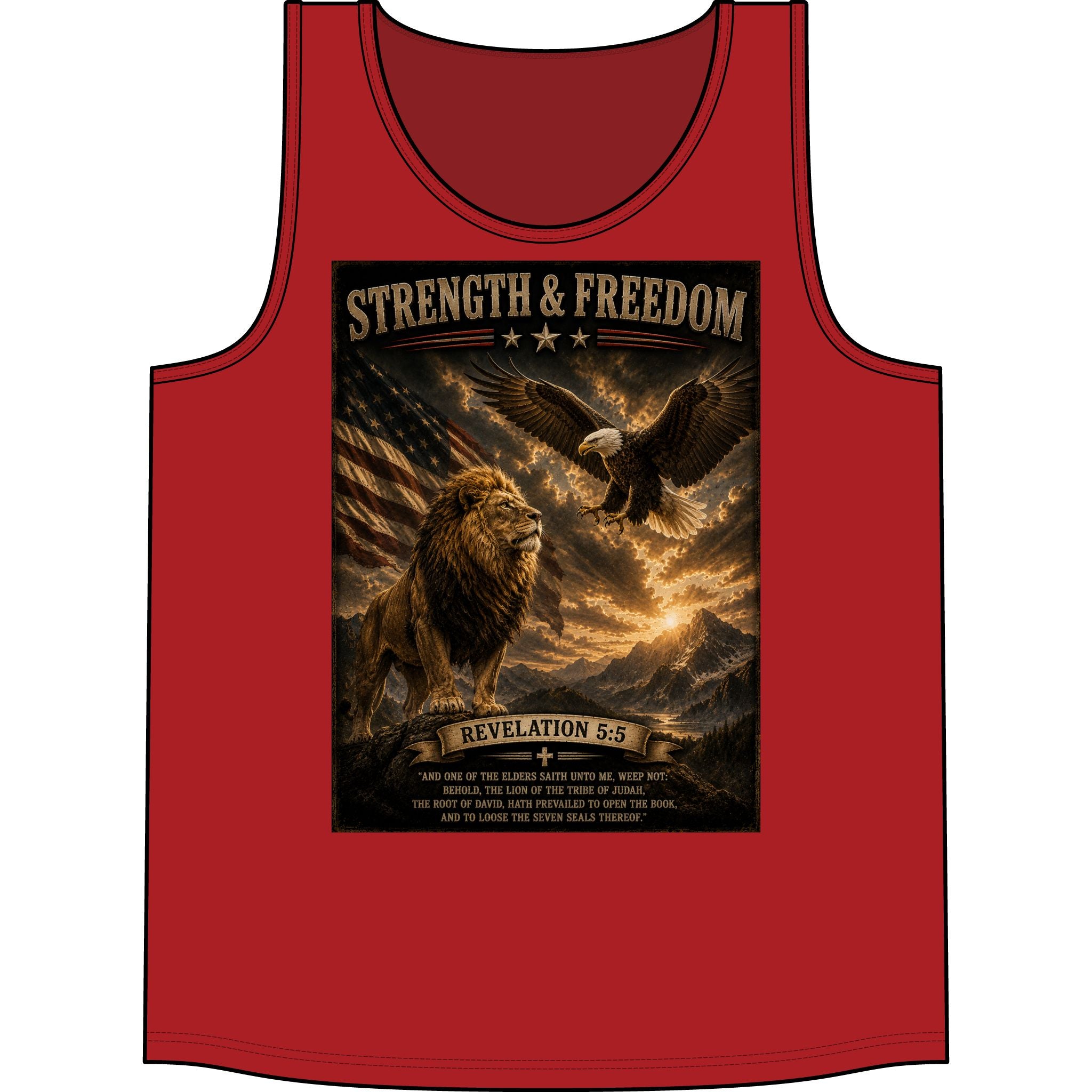 Strength & Freedom Tank Top — Lion, Eagle & Revelation 5:5 Patriotic Faith Tank