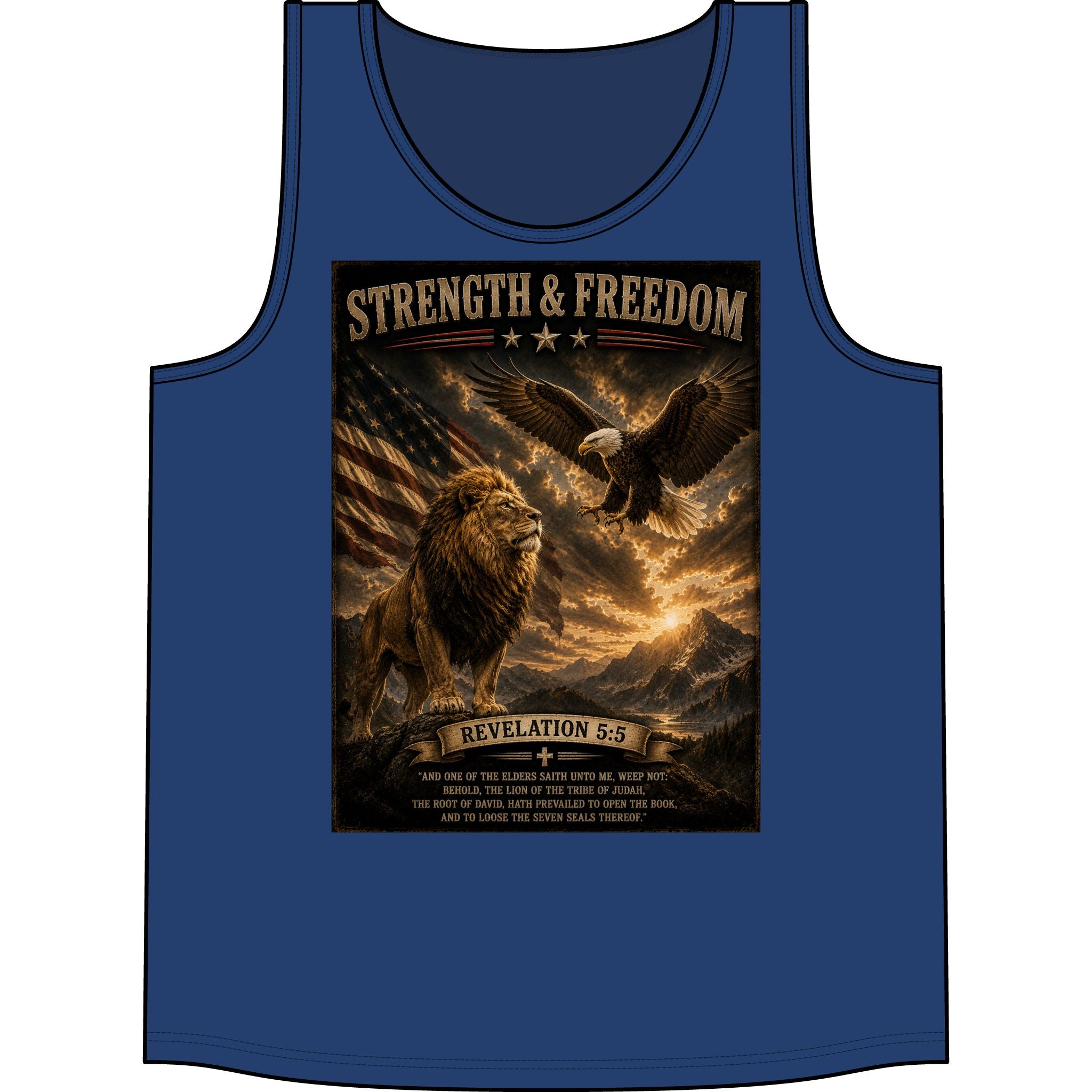Strength & Freedom Tank Top — Lion, Eagle & Revelation 5:5 Patriotic Faith Tank