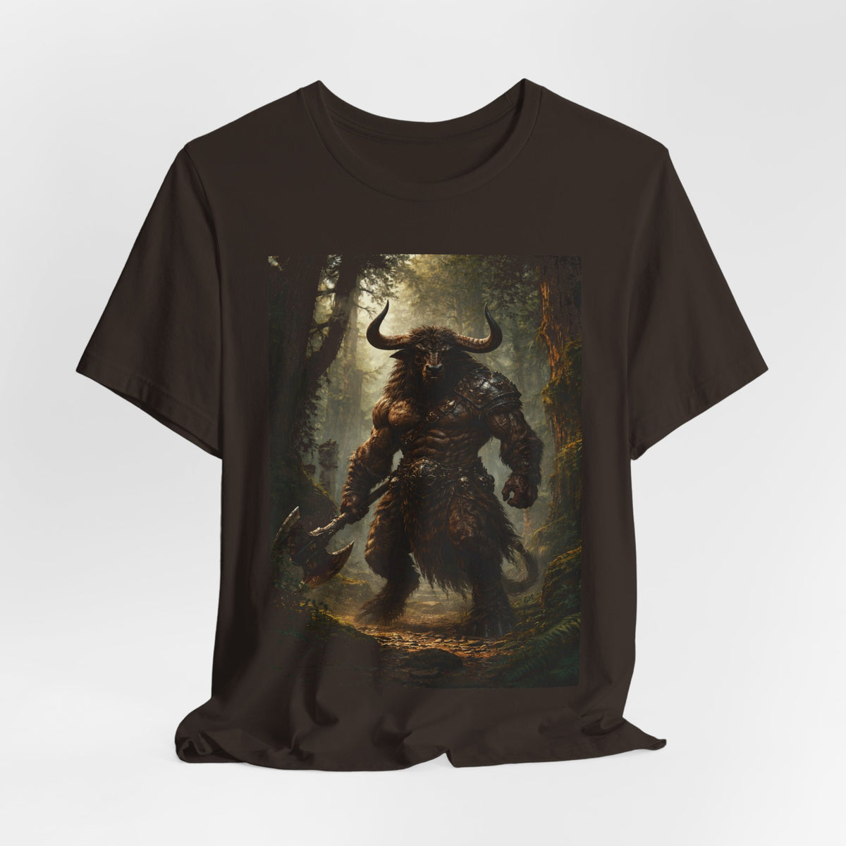 Minotaur Forest Warrior T-Shirt — Mythic Fantasy Creature Graphic Tee