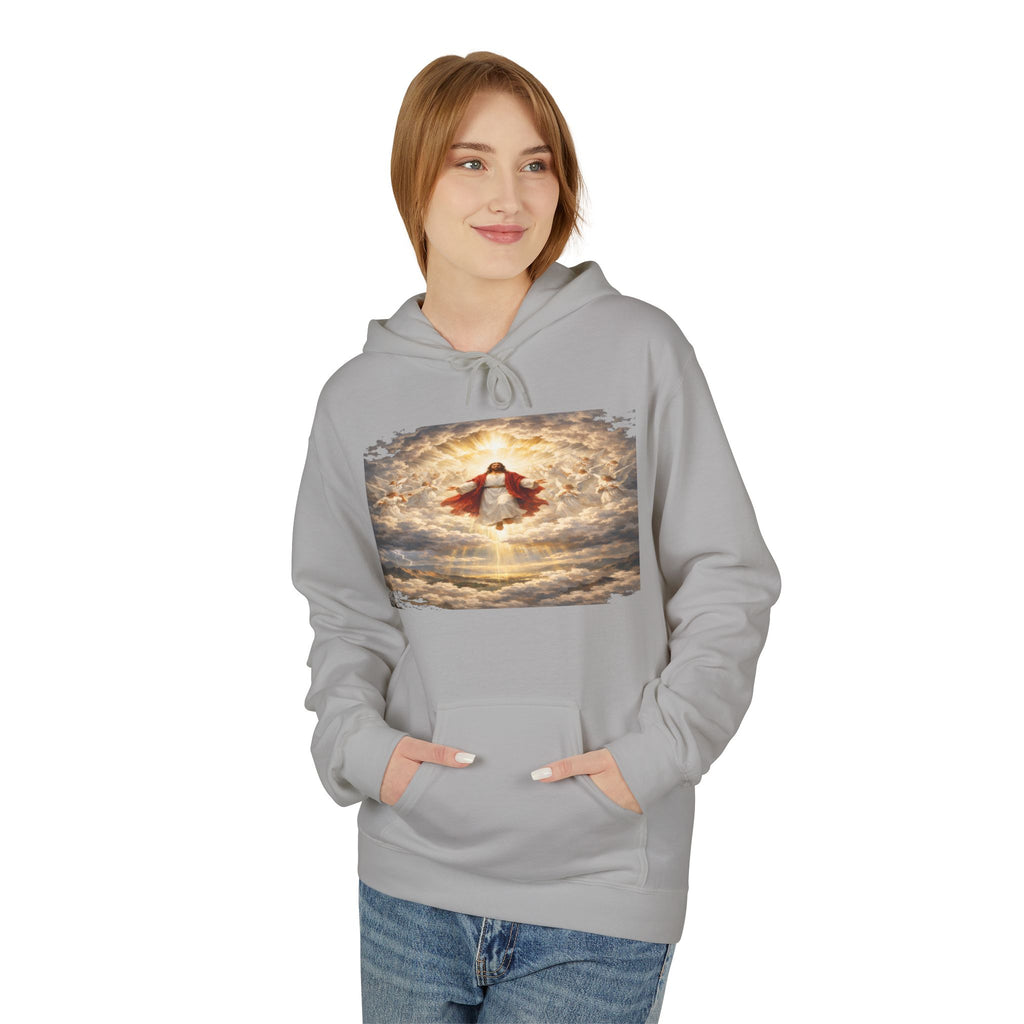 Jesus Christ Second Coming-Angel in the Clouds Hoodie — Spiritual Sunrise Graphic Hoodie