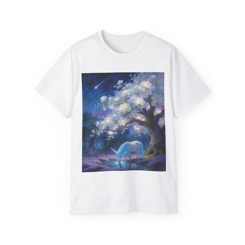 Unicorn Mystic Night Sheep Cotton Tee — Dreamy Moonlit Tree Art T-Shirt
