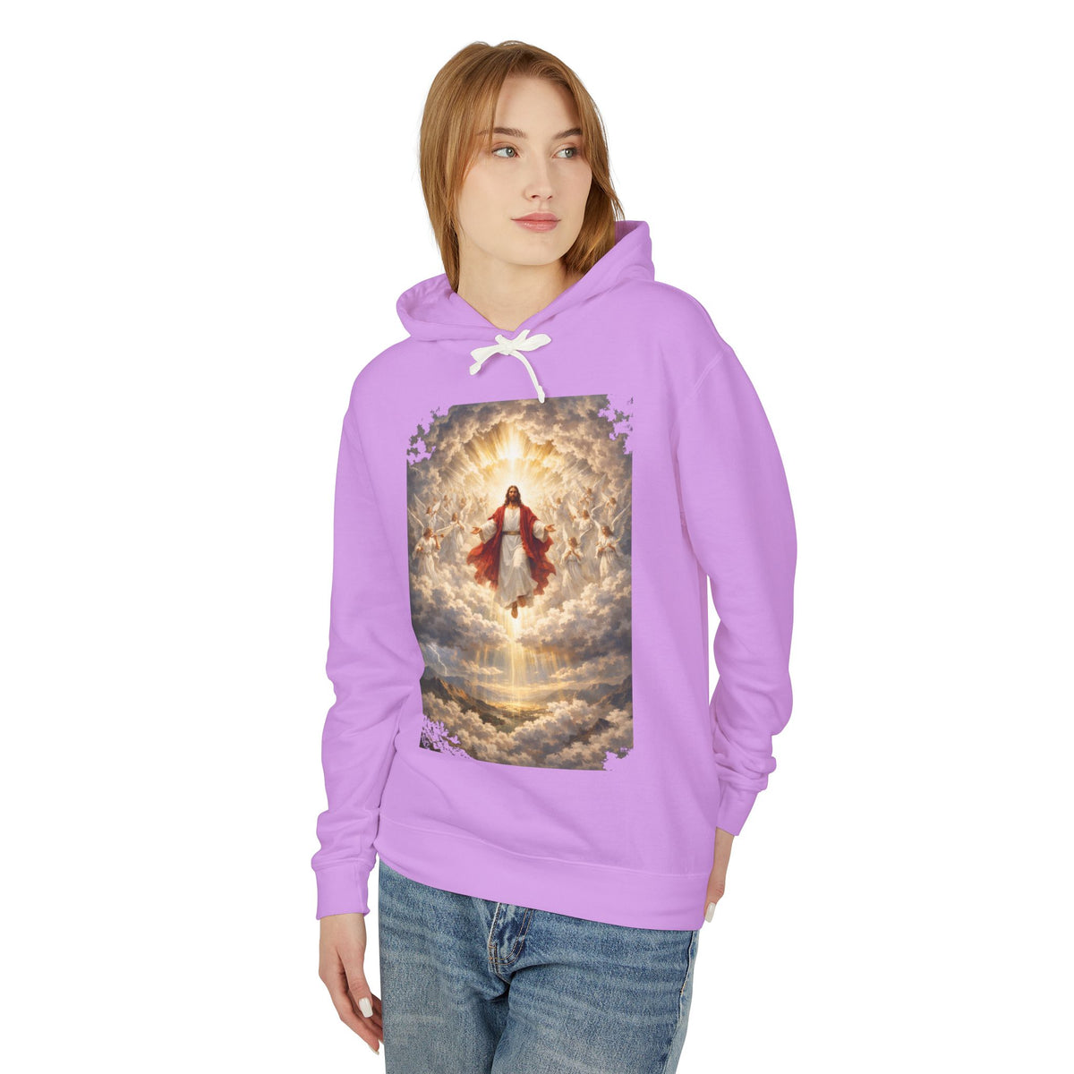Christian Jesus Hoodie — Ascension Clouds Religious Graphic Sweatshirt