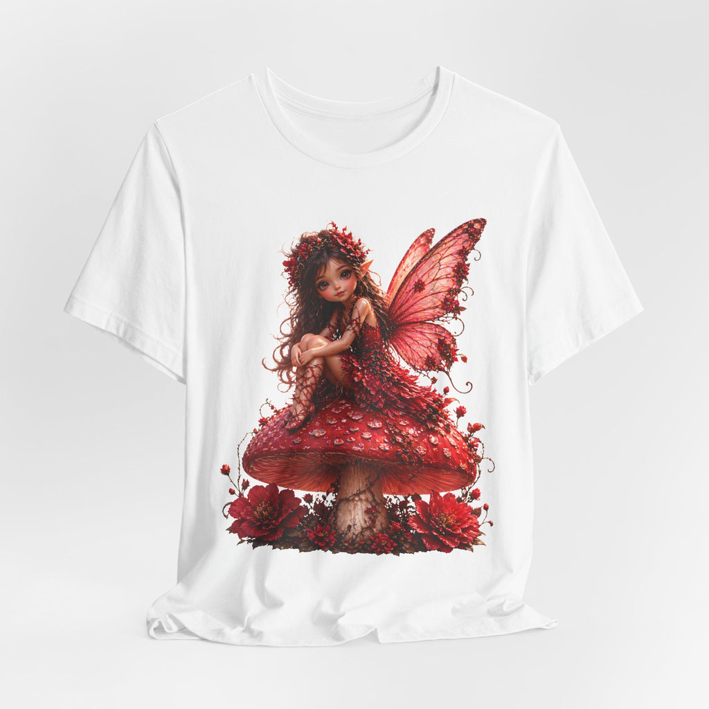 Fairy on Red Mushroom T‑Shirt — Whimsical Red Fairy Graphic Tee