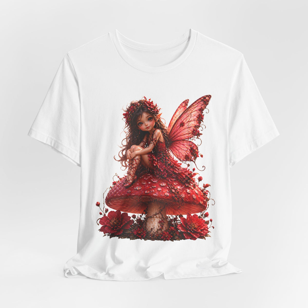 Fairy on Red Mushroom T‑Shirt — Whimsical Red Fairy Graphic Tee