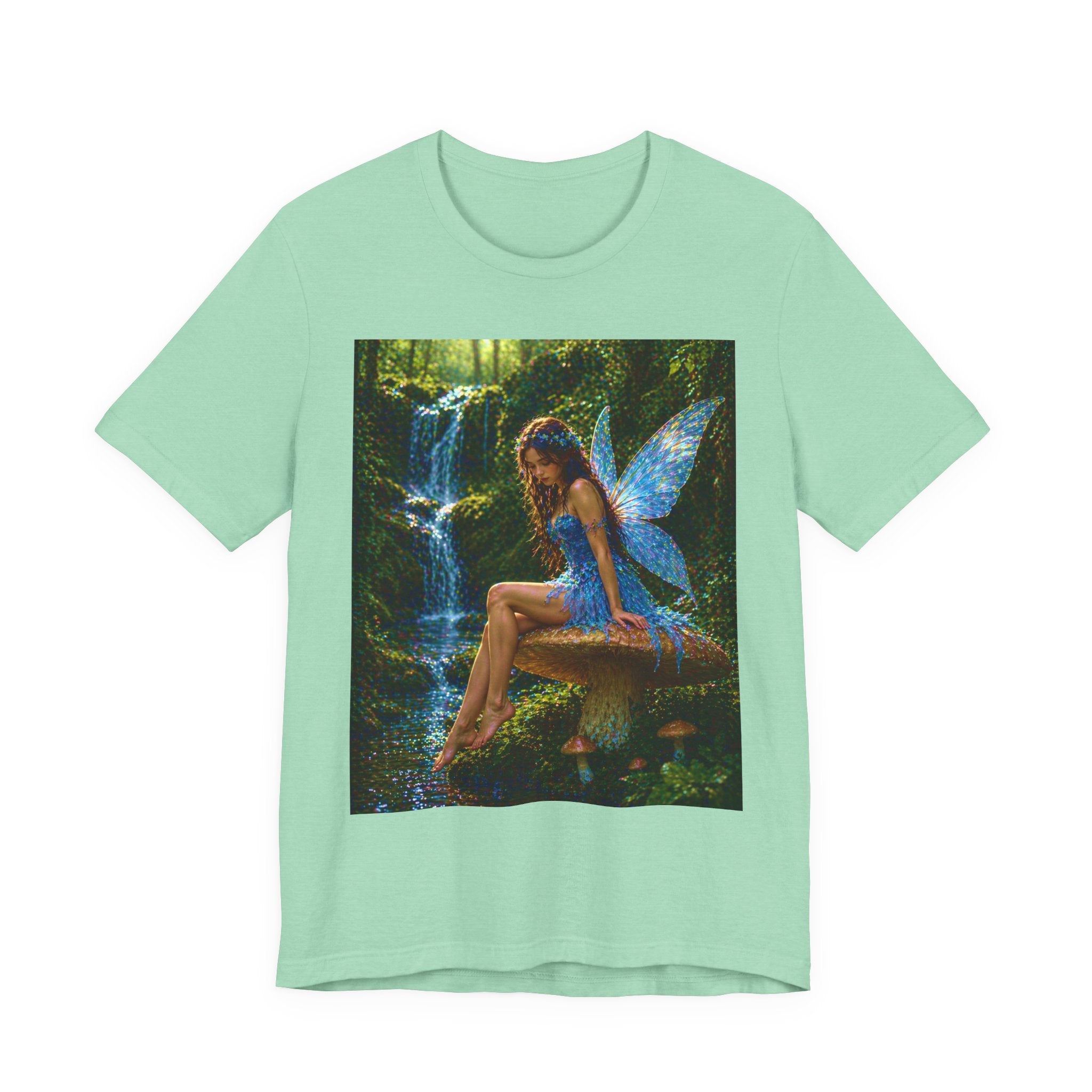 Fairy Forest T-Shirt — Enchanted Blue Fairy Sitting by Waterfall