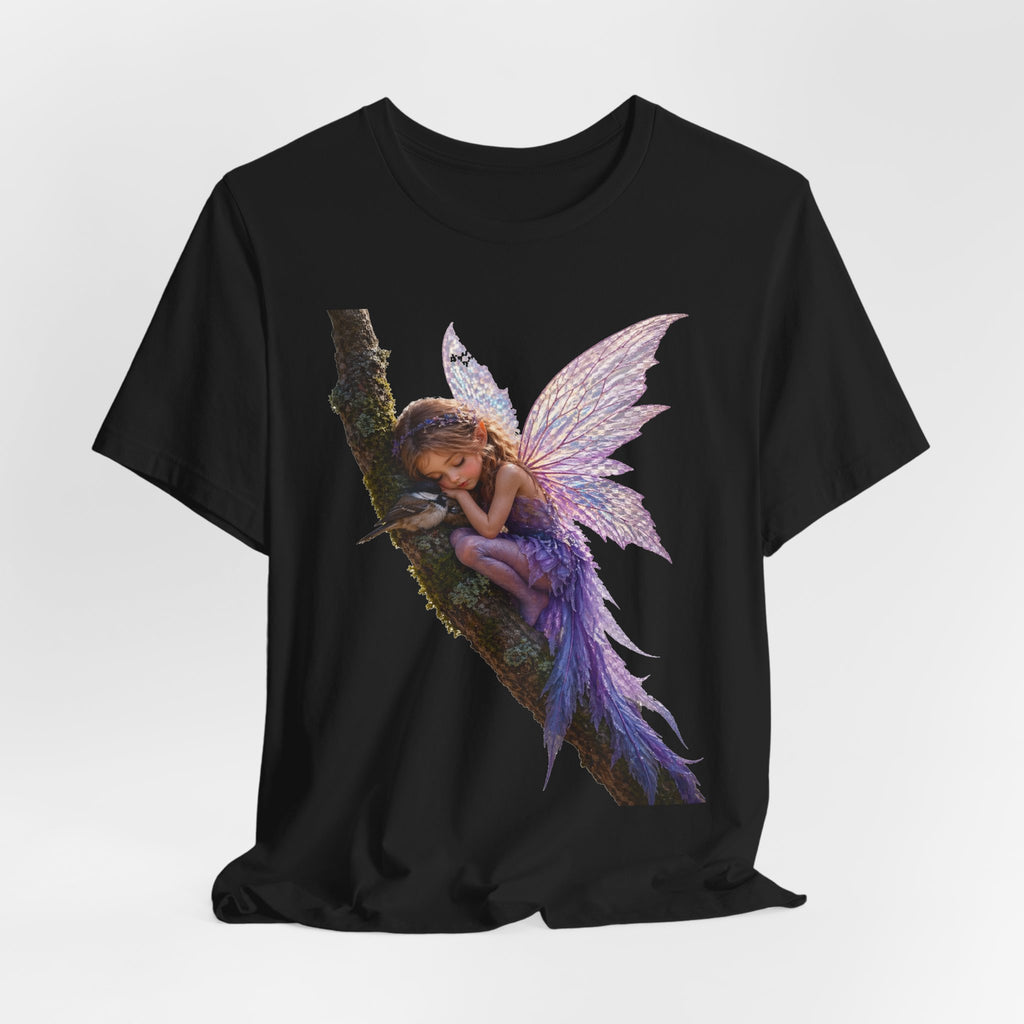 Fairy Sleeping on Branch T-Shirt — Magical Purple Fairy Tee for Women & Girls