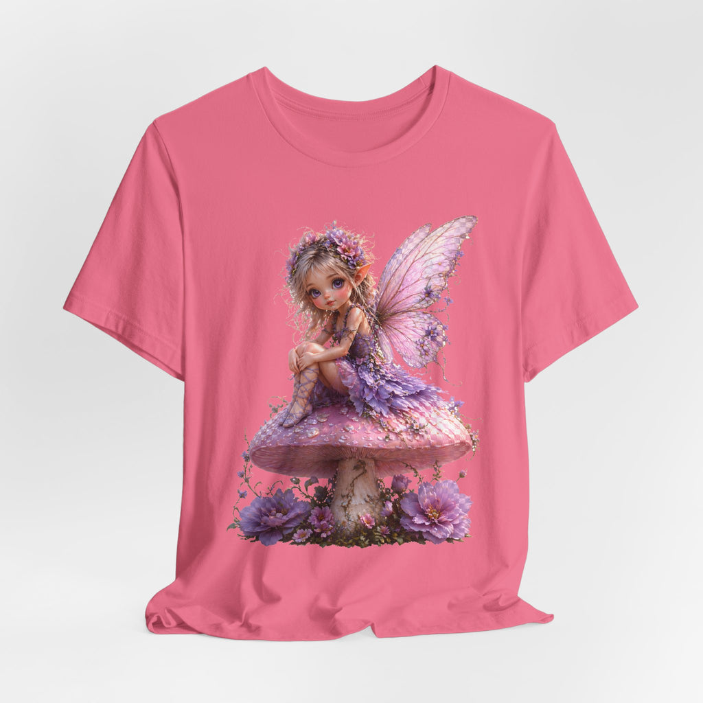 Fairy on Mushroom T-Shirt — Cute Pink Butterfly Fairy Graphic Tee for Kids & Adults