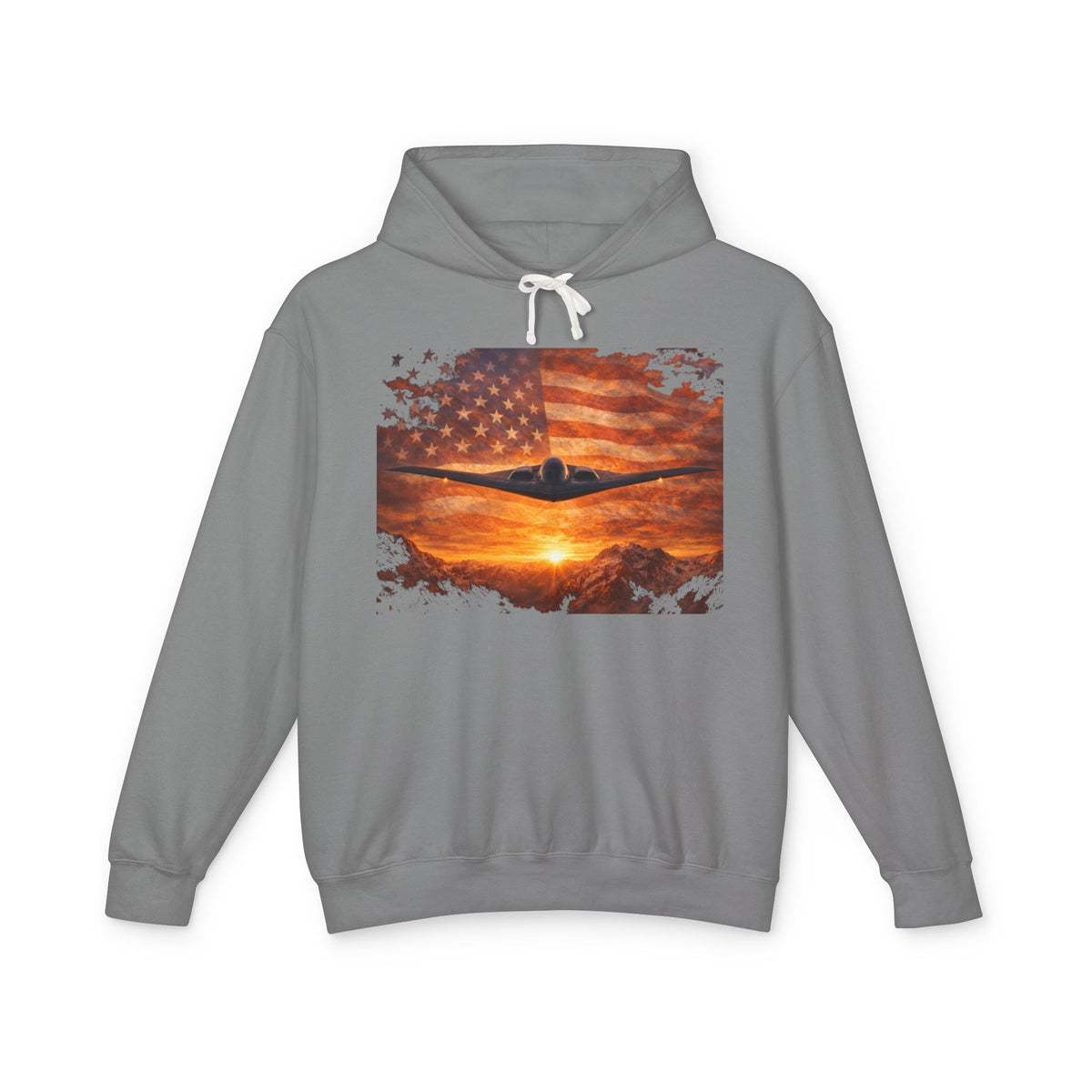 B-2 Stealth Bomber Flag Hoodie — American Aviation Sunset Pullover