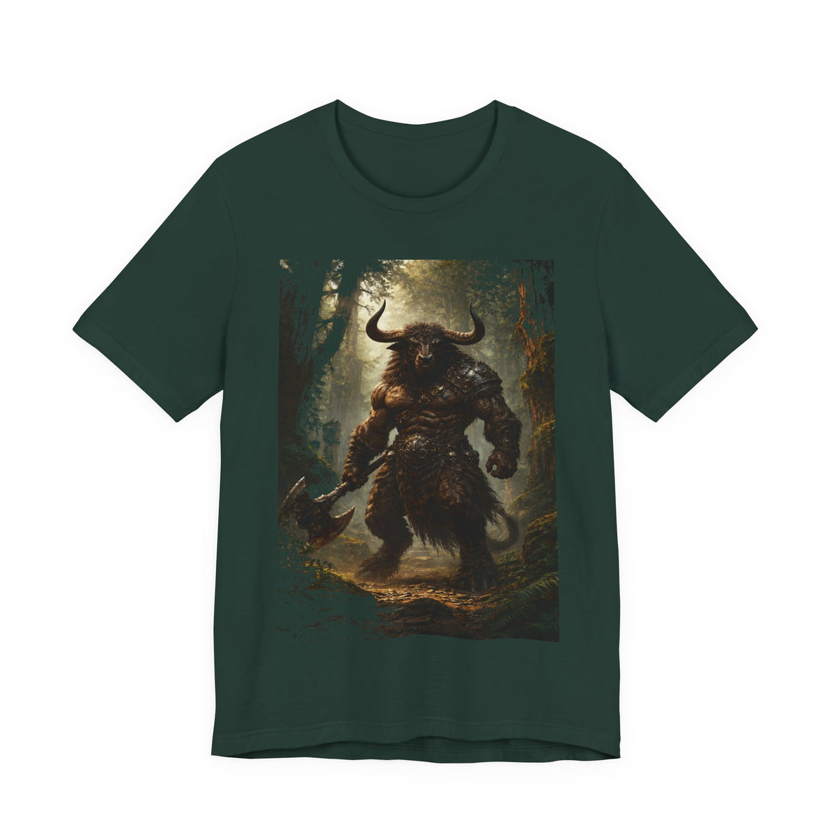 Minotaur Forest Warrior T-Shirt — Mythic Fantasy Creature Graphic Tee