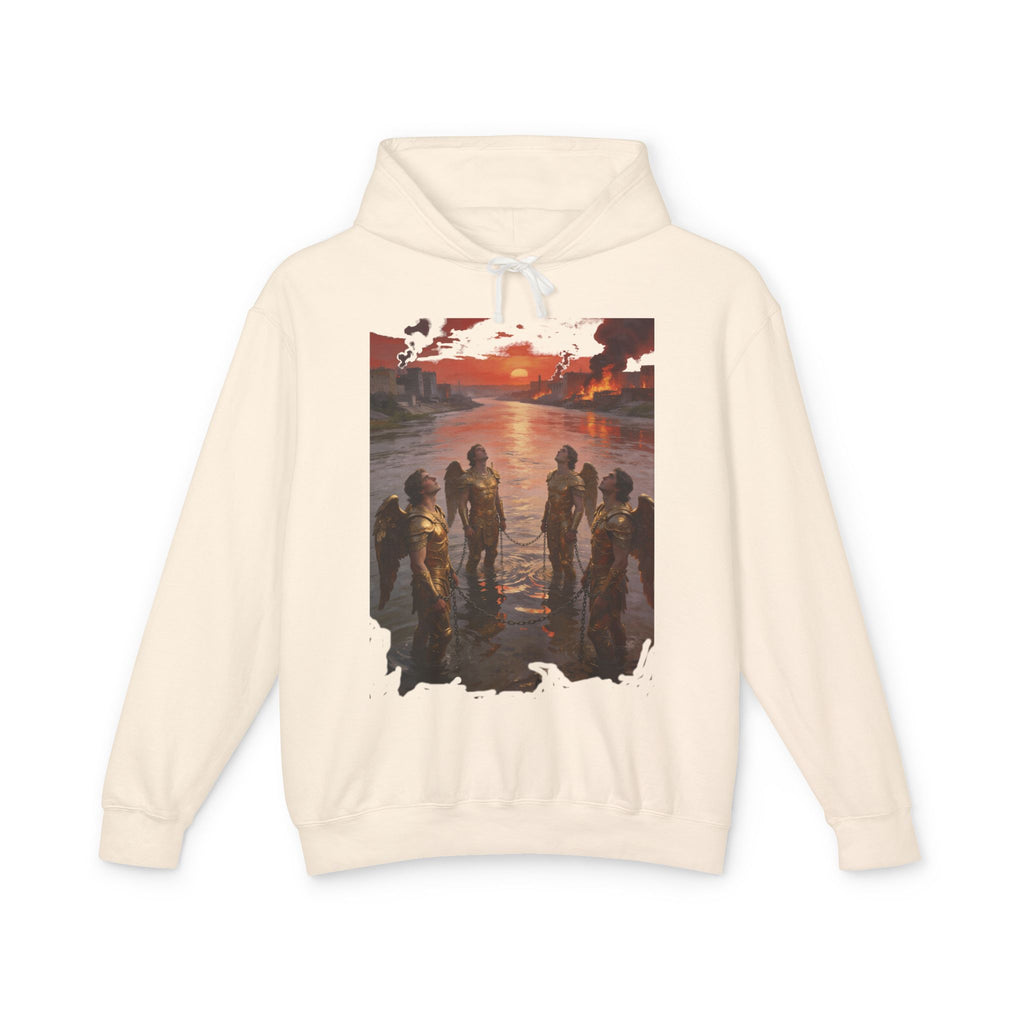 Revelation 9 reveals four fallen angels bound in the Euphrates River  Crew Hooded Sweatshirt